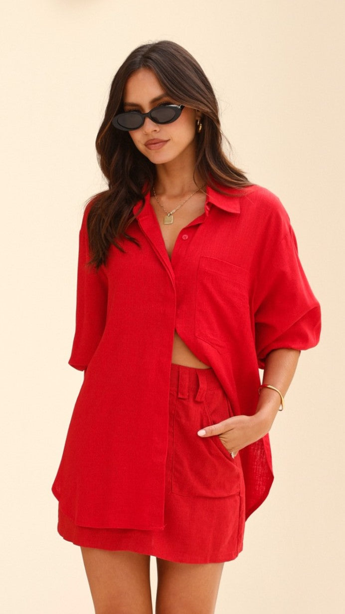Charla Button Up Top - Red