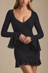 Nara-Long-Sleeve Ruffled Lace Mini Dress in Black