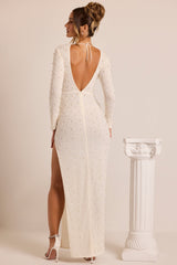 Vienna-Embellished Long Sleeve Backless Maxi Dress in White