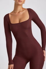 Iris-Petite Ribbed Modal Long Sleeve Jumpsuit in Espresso
