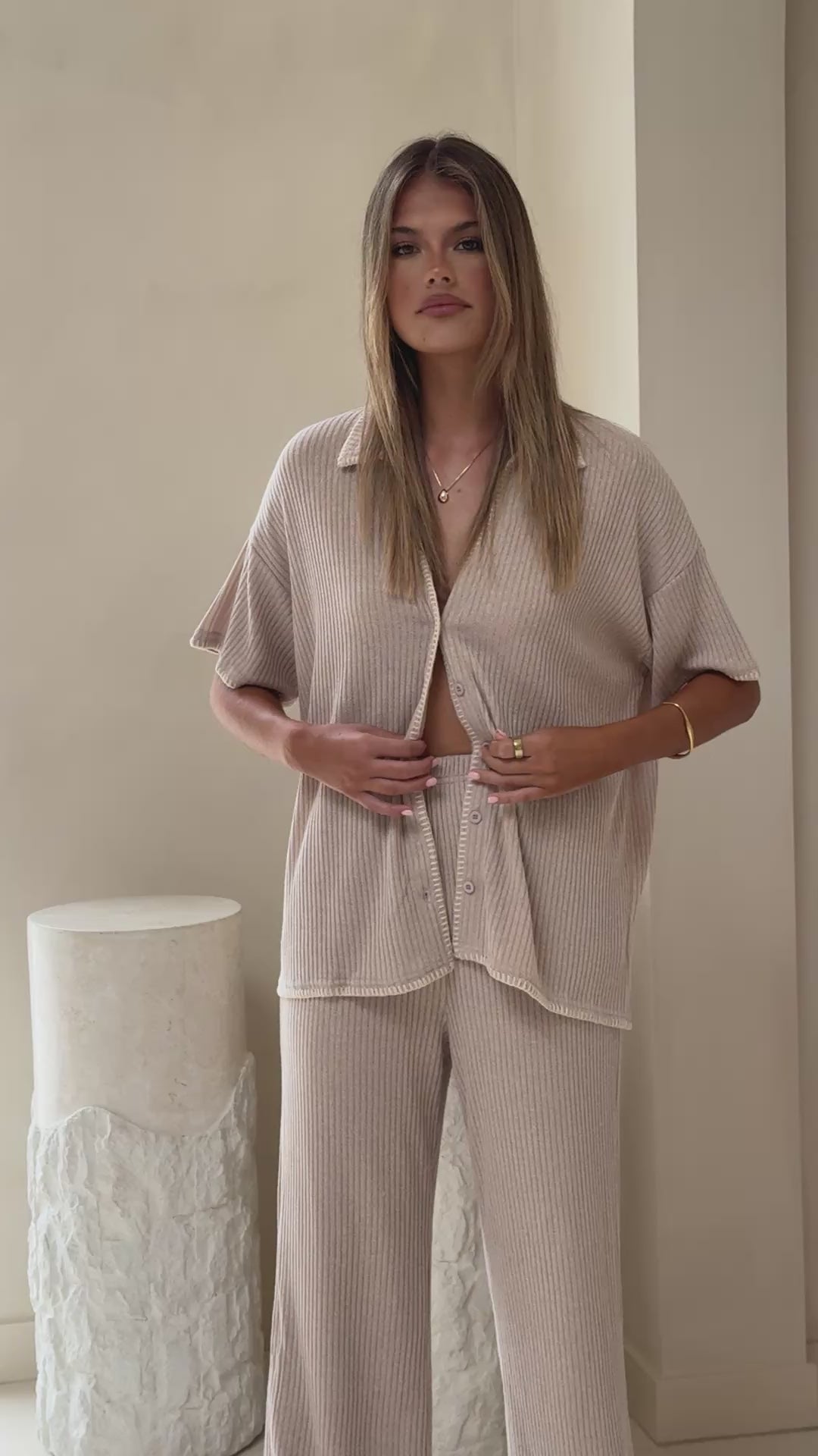 Madian Button Up Shirt and Pants Set - Taupe