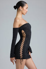 Jade-Embellished Lace-Up Off-Shoulder Mini Dress in Black