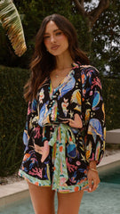 Felicita Tie Waist Playsuit - Black / Multi Print