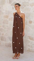 Nasira One Shoulder Maxi Dress - Chocolate / White Polka Dot
