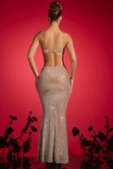 Kassie-Embellished Cut-Out Halterneck Gown in Almond