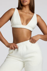 Loungewear-V Neck Fleece Bralette in White
