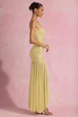 Kerra-Semi-Sheer Embellished Asymmetric Maxi Dress in Yellow