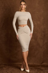Bonne-Cut-Out Draped High-Rise Midi Skirt in Taupe