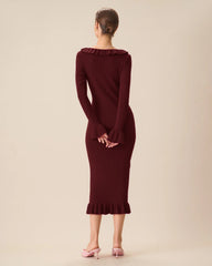 Wine Red Bodycon Bell Sleeve Sweater Dress