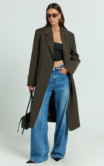 Lorena Coat - Double Breasted Longline Jacket in Dark Brown