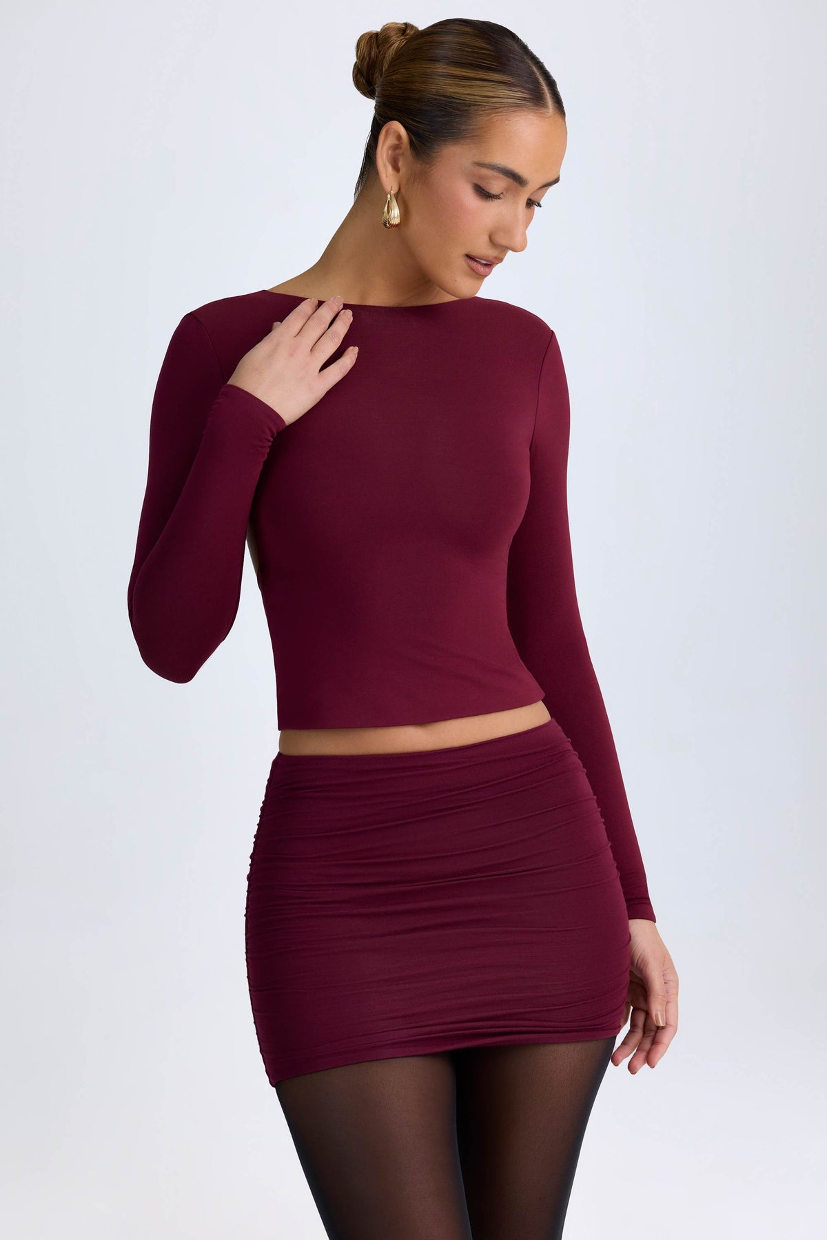 Elli-Modal High Neck Long Sleeve Open Back Top in Wine Red
