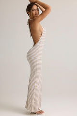 Hallie-Modal Halterneck Maxi Dress in Pink Yellow Stripe