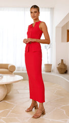 Rahela Button Top and Maxi Skirt Set - Red