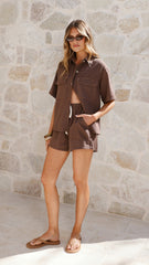 Loretta Button Up Shirt and Shorts Set - Chocolate