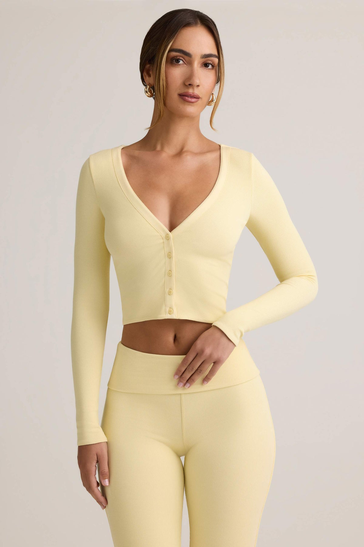 Kiva-Modal Ribbed Cropped Cardigan in ButterCream Yellow