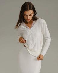White V Neck Pearl Button Sweater