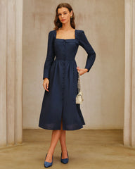 Navy Square Neck A-Line Midi Dress