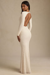 Tarini-Ruched Backless Lace Maxi Dress in Ivory