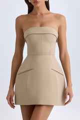 Talina-Foldover-Neck Structured Tulip Mini Dress in Camel