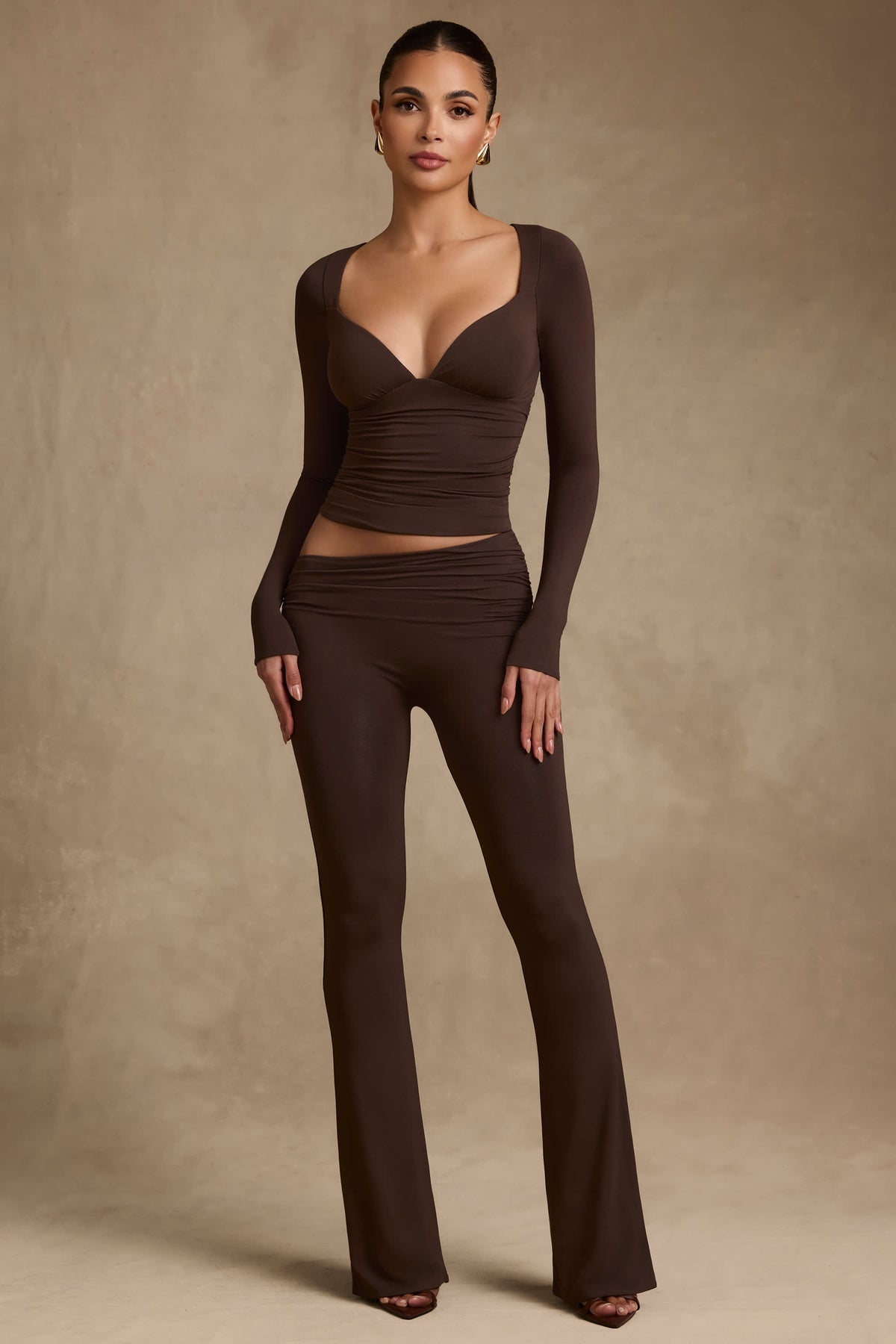 Kalei-Modal Asymmetric-Waist Flared Trousers in Chocolate Brown