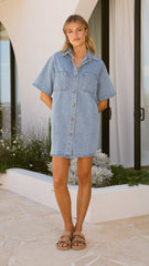 Chaney Button Up Mini Dress - Medium Denim