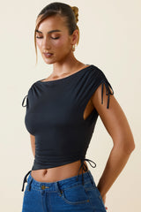 Kaede-Asymmetric Ruched Cowl-Back Crop Top in Black