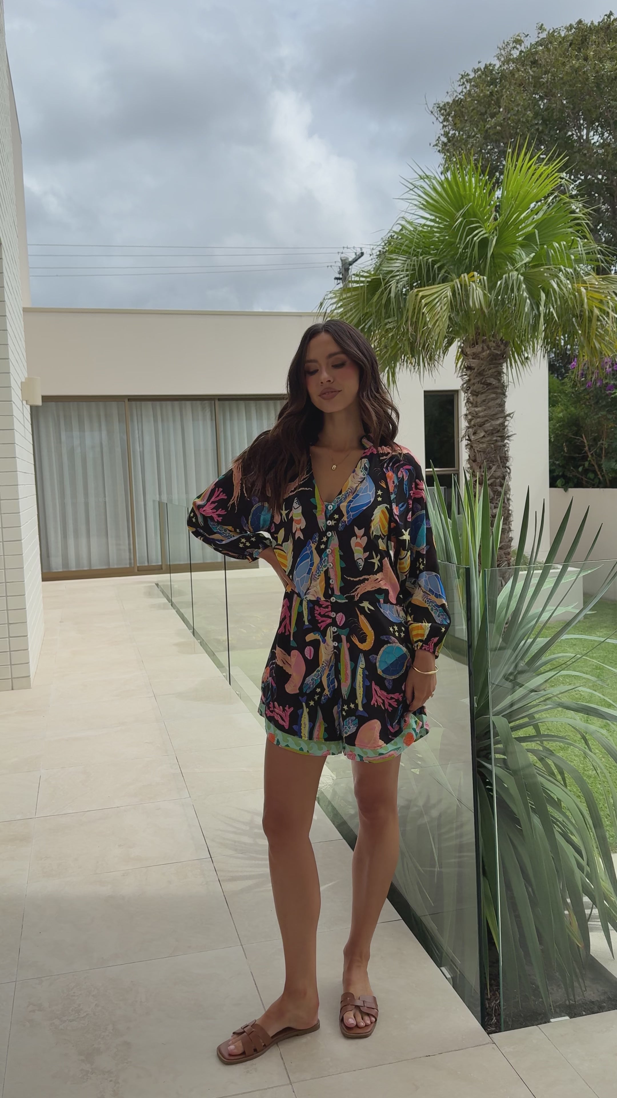 Felicita Tie Waist Playsuit - Black / Multi Print