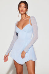 Naples-Embellished Long Sleeve Angled Hem Mini Dress in Blue