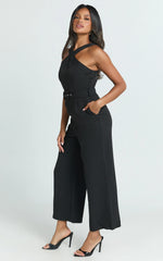 Tracy Jumpsuit - Diamond Neck Belted Straight Leg Jumpsuit in Black