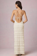 Tove-Ruffled Backless Halterneck Maxi Dress in Ivory