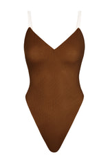 Intimates-Soft Mesh V-Neck Bodysuit in Chestnut