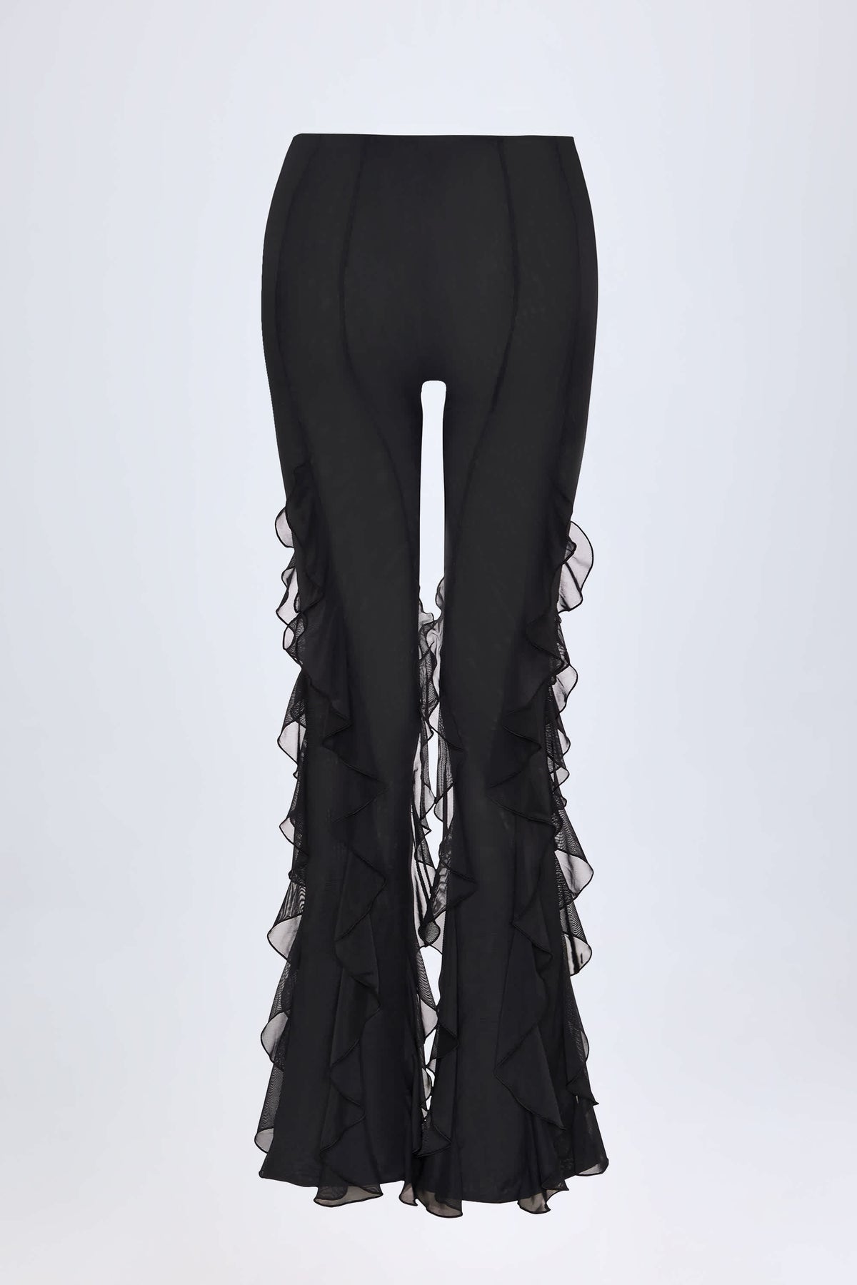 Felicity-Ruffled Mid-Rise Flared Trousers in Black