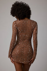Zeta-Sheer Embellished Long Sleeve A-Line Mini Dress in Mocha