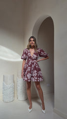 Erin Mini Dress - Brown Daylillies