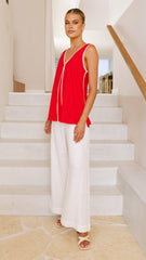 Loren V Neck Sleeveless Top - Red/White