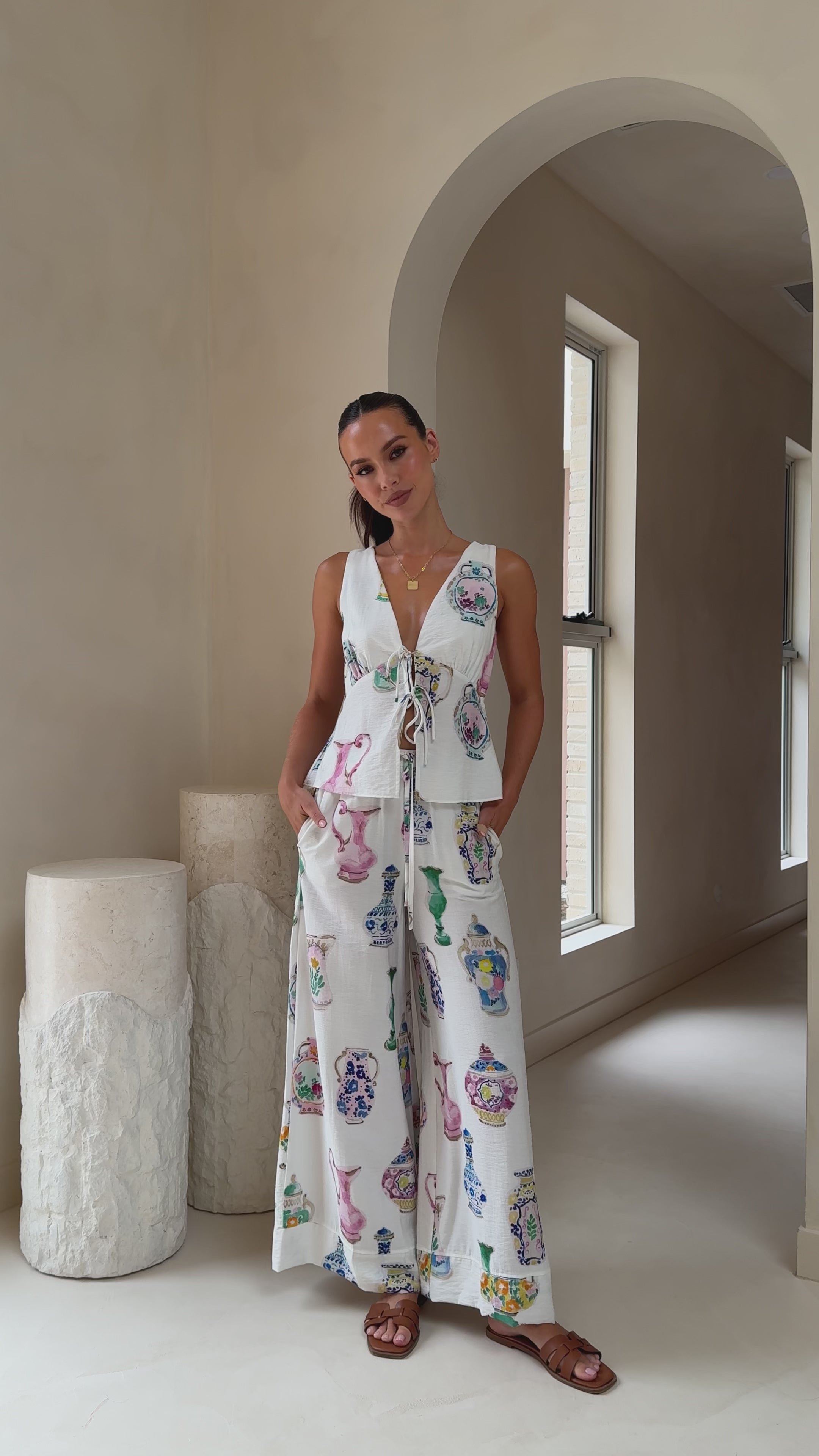 Candella Tie Front Top - Vase Print