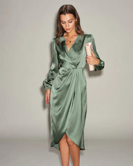 Green Satin Ruched Midi Dress