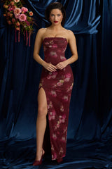 La Rochette-Bandeau Cowl-Neck Maxi Dress in Maroon Floral Print