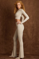 Mairead-Asymmetric Draped Mid-Rise Flared Trousers in Taupe