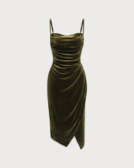 Green Velour Ruched Slip Midi Dress