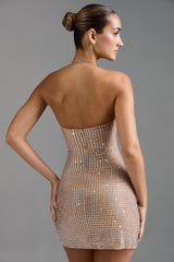 Lasma-Embellished Halterneck A-Line Mini Dress in Almond