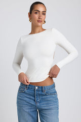 Elli-Modal High Neck Long Sleeve Open Back Top in White