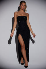 La Rochette-Embellished Bandeau Cowl Neck Maxi Dress in Black