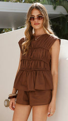 Hendrix Shirred Top and Shorts Set - Brown
