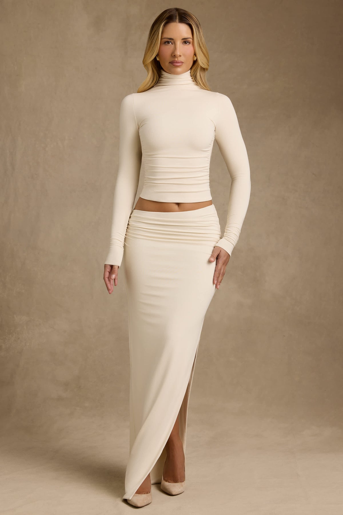 Nadina-Modal Asymmetric-Waist Maxi Skirt in Ivory