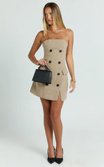 Tansy Mini Dress - Strapless Tailored Bodycon Dress in Tan