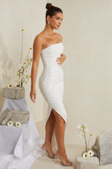 Vivica-Hand Embellished Asymmetric Midi Dress in White
