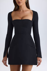Taesha-Square-Neck Structured Tulip Mini Dress in Black