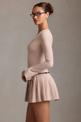 Fiorella-Long-Sleeve Pleated Mini Dress in Mushroom
