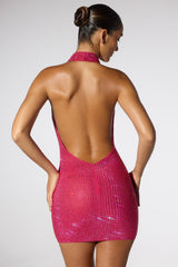 Raquel-Embellished Extreme Cowl Neck Halter Mini Dress in Hot Pink